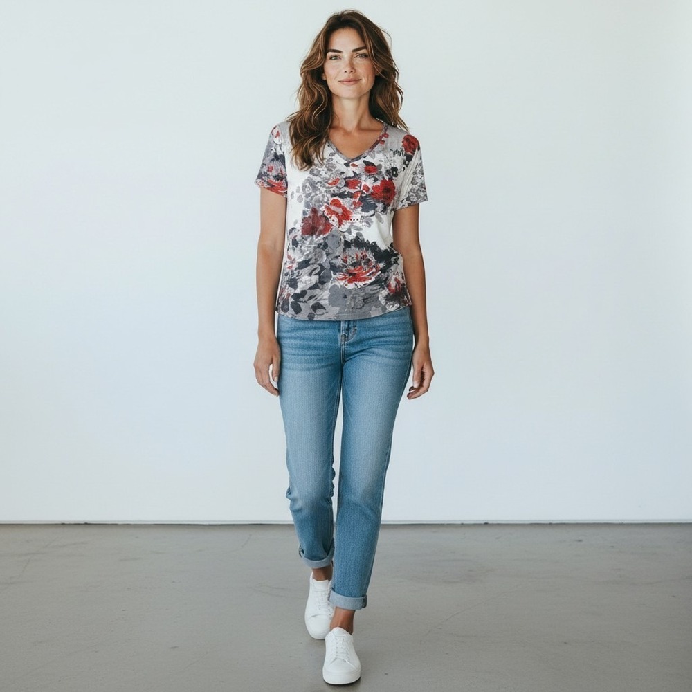 Samantha's Style Shoppe Women's XL Rose's Sequins V-neck Cotton Grandma Core Tee